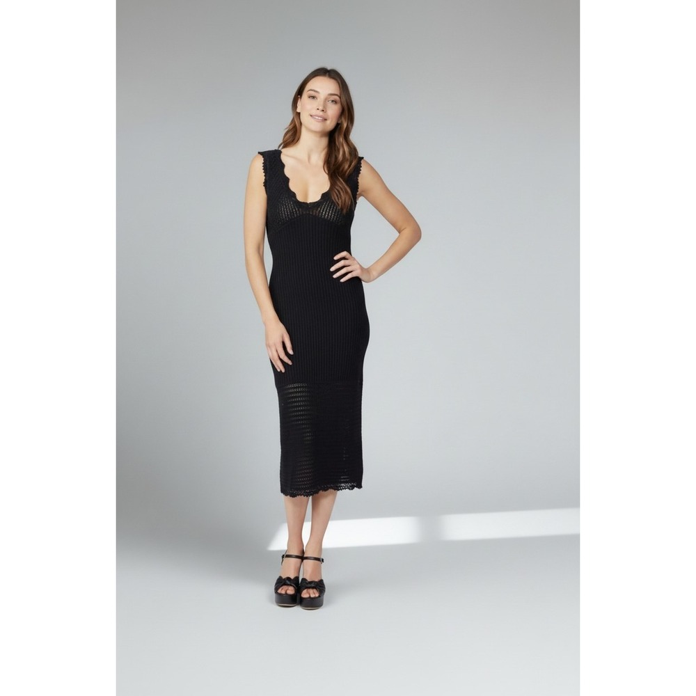 PAIGE Opal Crochet Knit Midi Dress XL Black Sleeveless Cotton Open Knit Festival